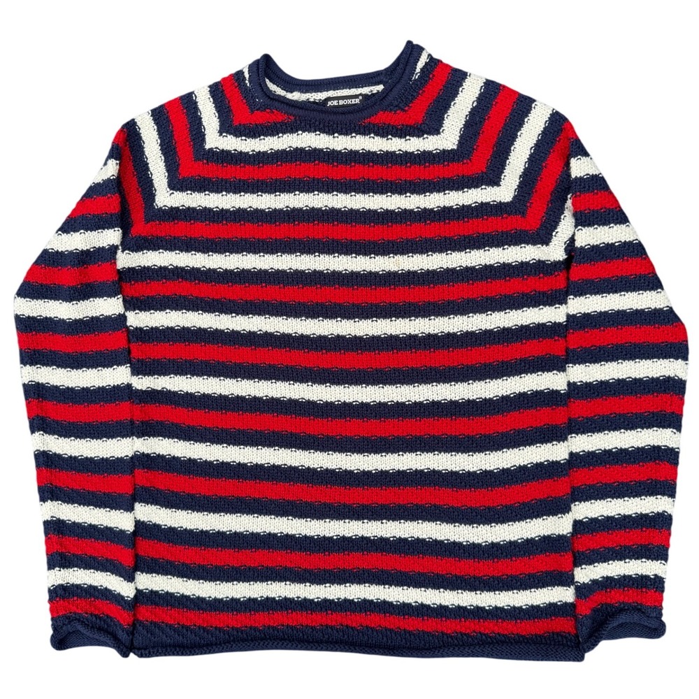 Joe Boxer XL Striped Knit Sweater Red White Navy Crewneck Retro Casual‎